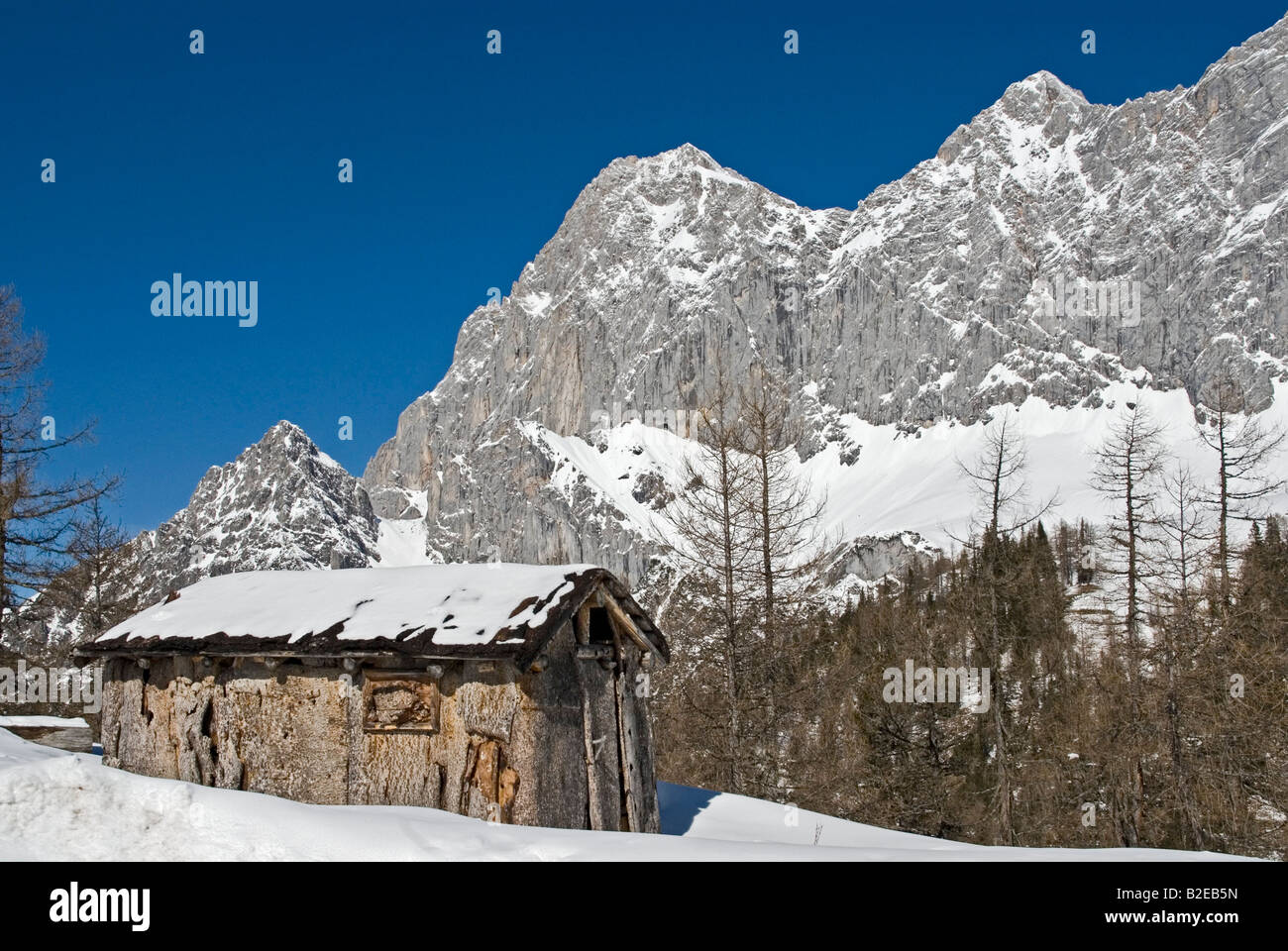 Hütte vor Berg, Dachsteingebirge, Ramsau am Dachstein, Liezen, Steiermark, Österreich Stockfoto