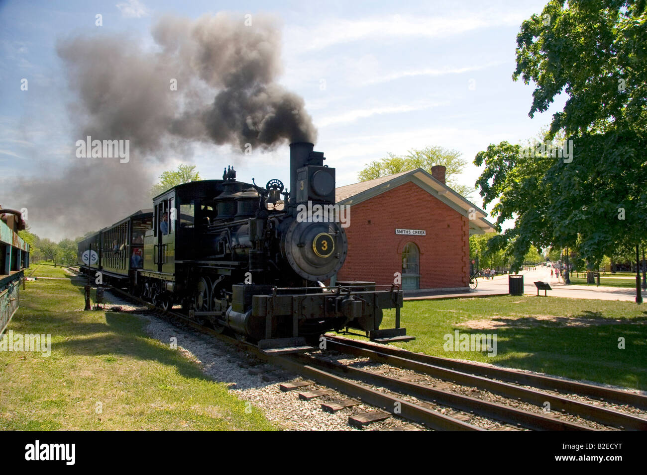 Fackel-See Dampflokomotive bei Smith s Nebenfluss-Depot in Greenfield Village in The Henry Ford in Dearborn, Michigan Stockfoto