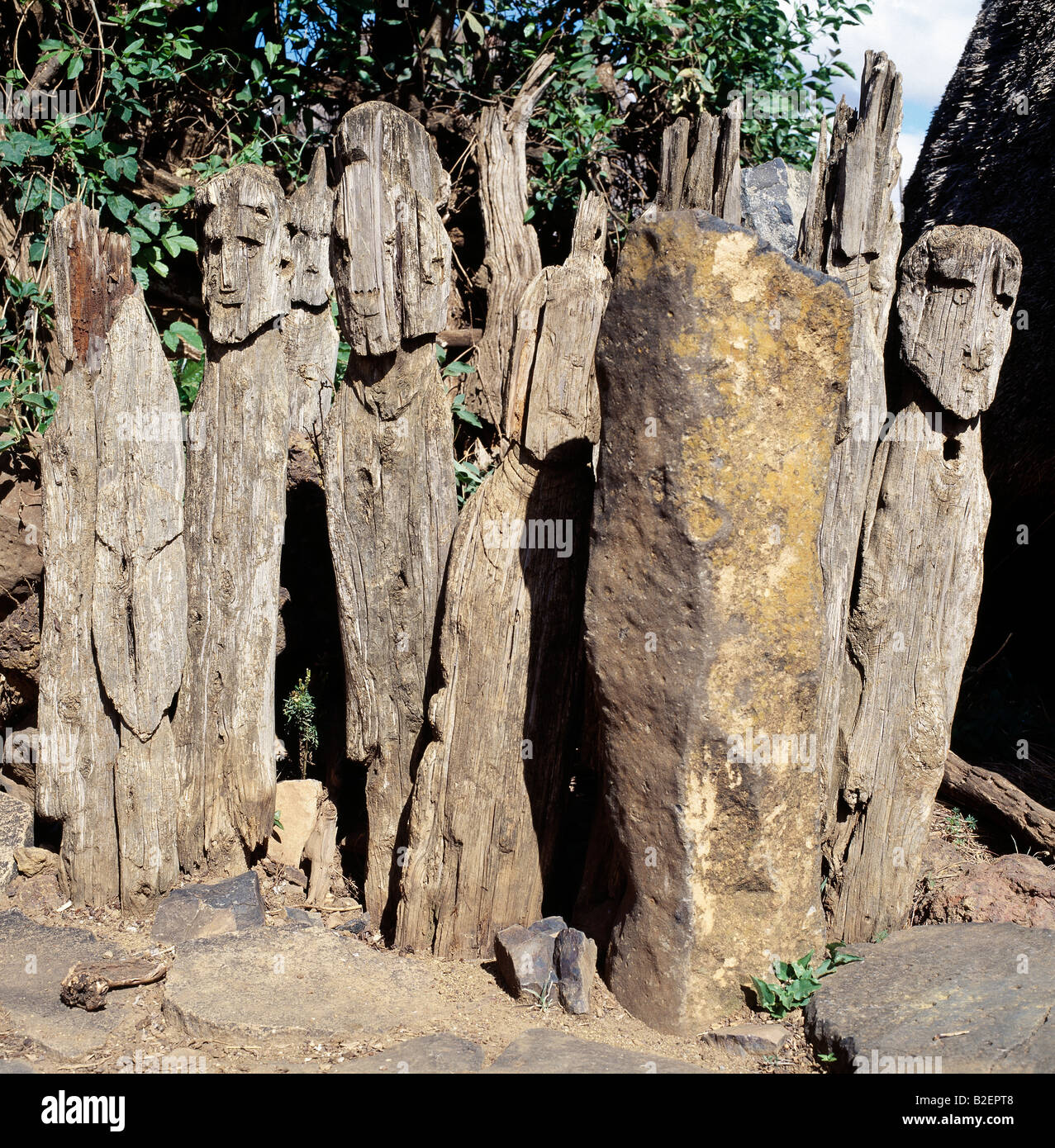 Die Konso Menschen Südwesten Äthiopiens verehren den Himmel Gott, Waq, und Ort geschnitzten hölzernen Bildnisse an prominenten Stellen. Stockfoto