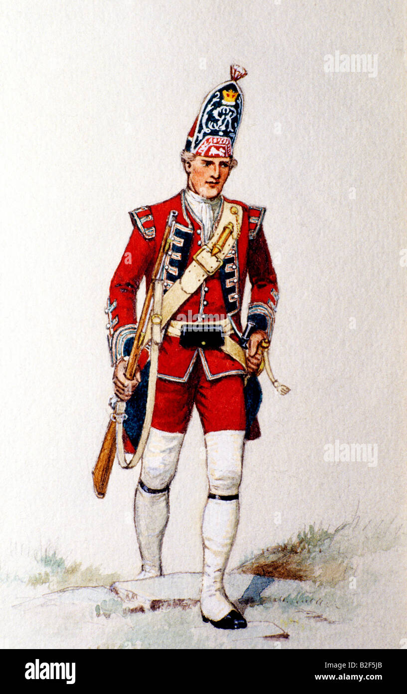 Britisches Englisch Grenadier Rotrock 1751 militärische uniform Kostüm Armee Militärgeschichte Muskete bewaffnet Waffe Waffen Tschako Stockfoto