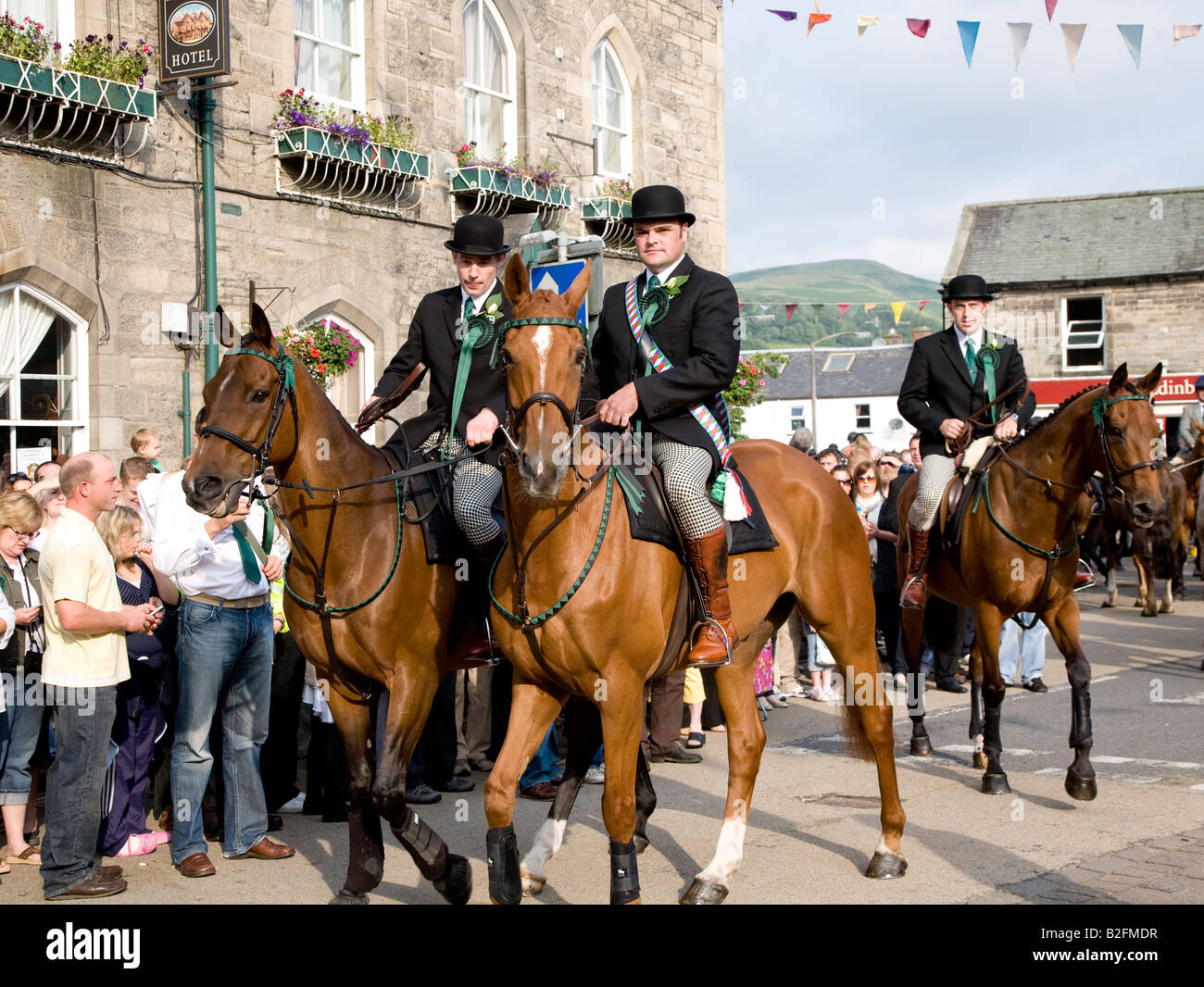 Berittene Reiter auf die Langholm gemeinsame Reiten Schottland, Vereinigtes Königreich Stockfoto