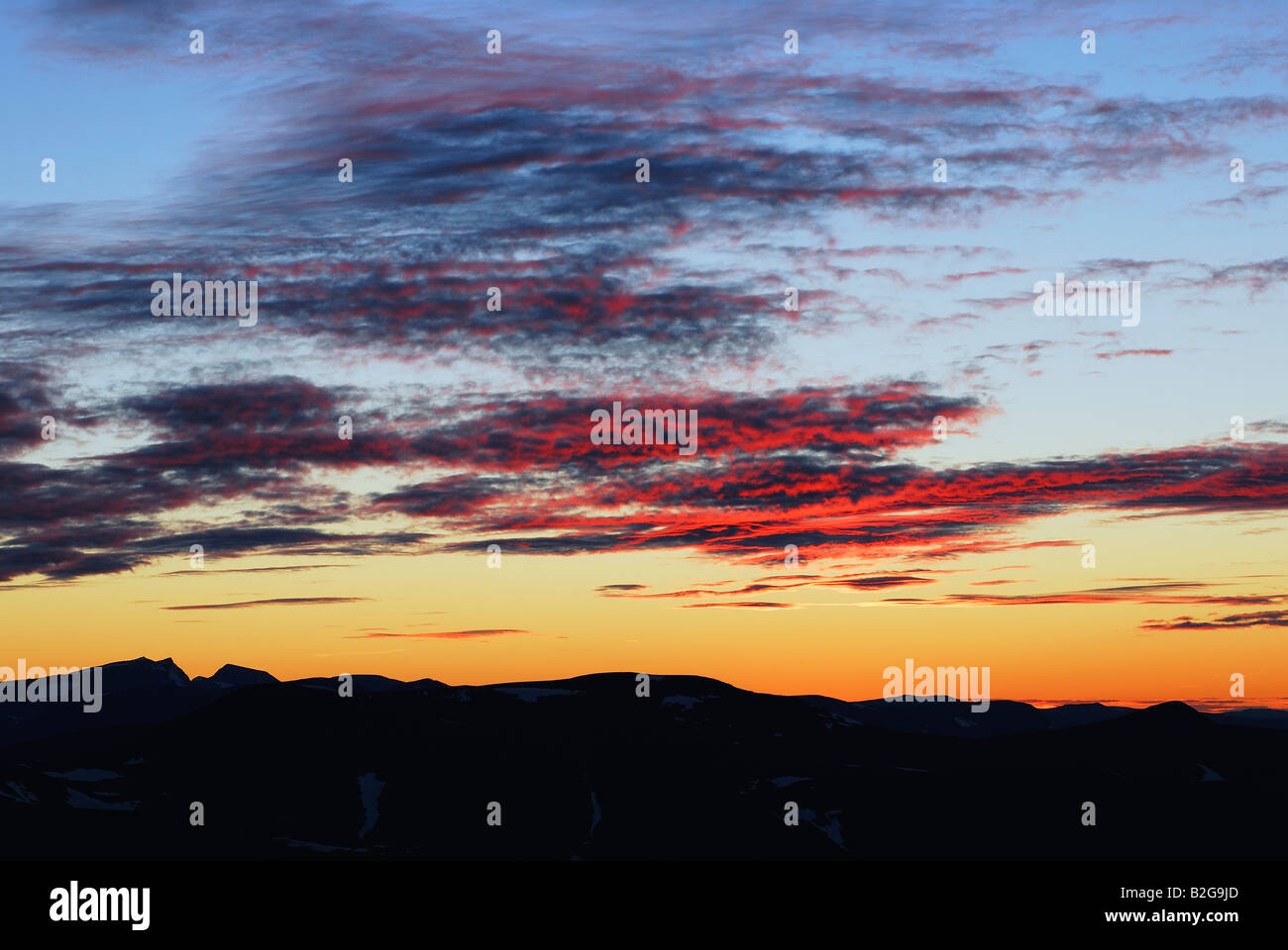 Sonnenuntergang Sjaunja Naturreservat Kebenekaise Berg Laponia Lappland Schweden Fjell Stockfoto