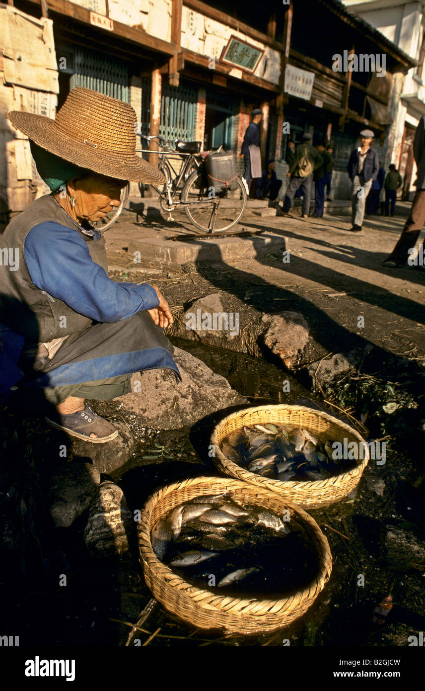 alte Frau mit Körben von Fisch, china Stockfoto