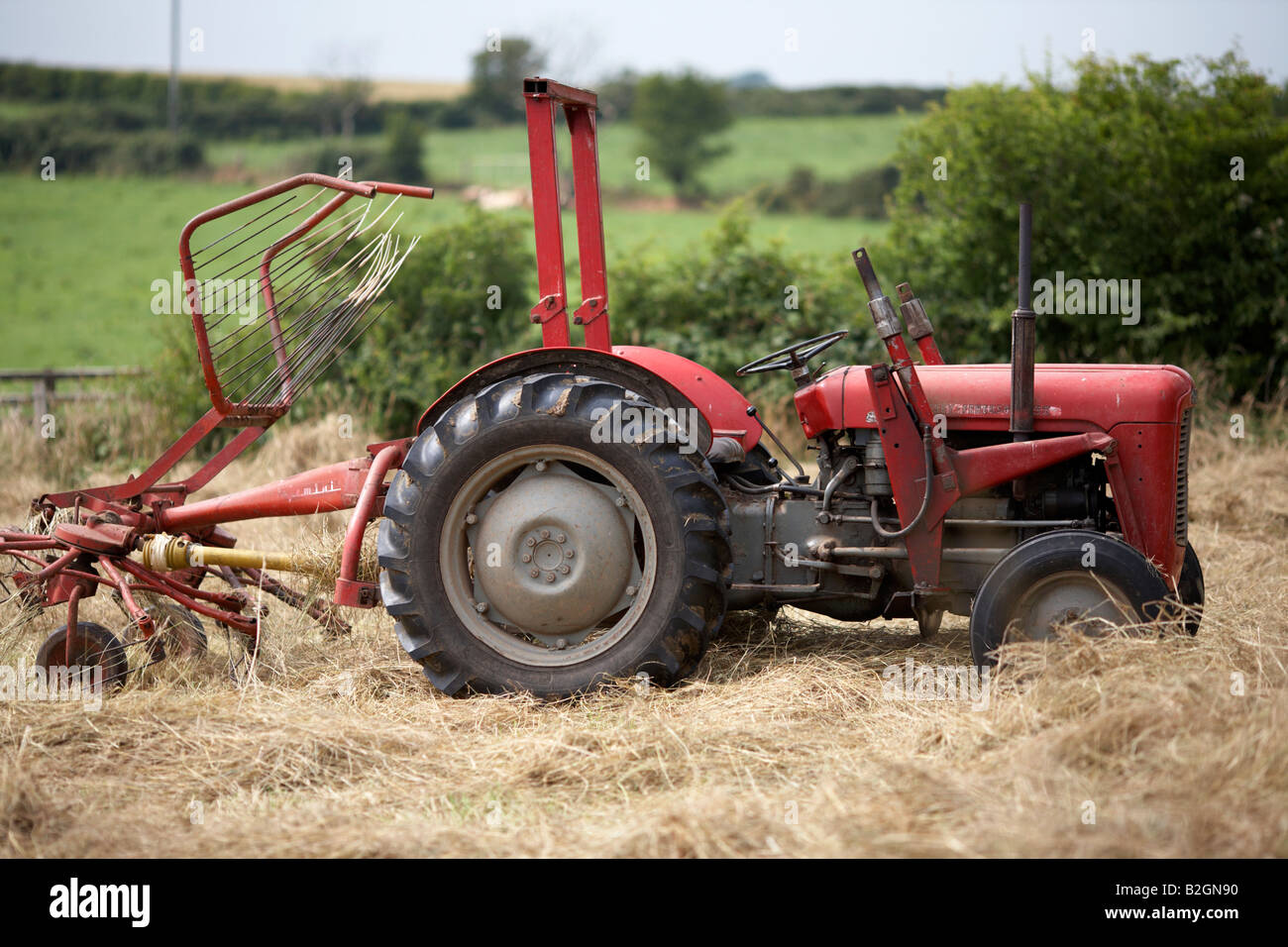 alten Massey Ferguson 35 Traktor mit Haymaker Anlage sitzen in einem Feld County down Northern Irland Stockfoto