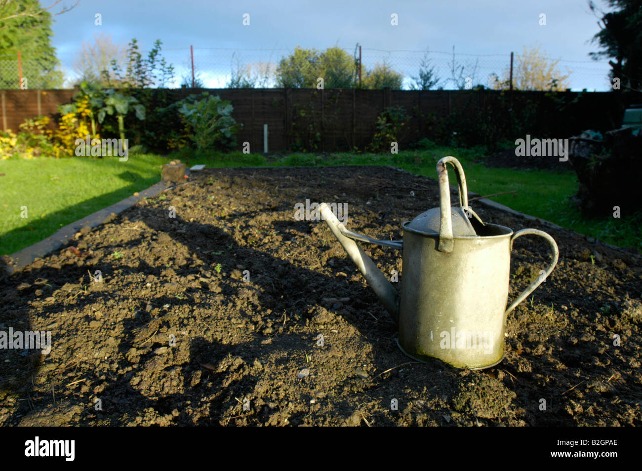 Eine Gießkanne auf einem Hochbeet im frühen Morgenlicht Stockfoto