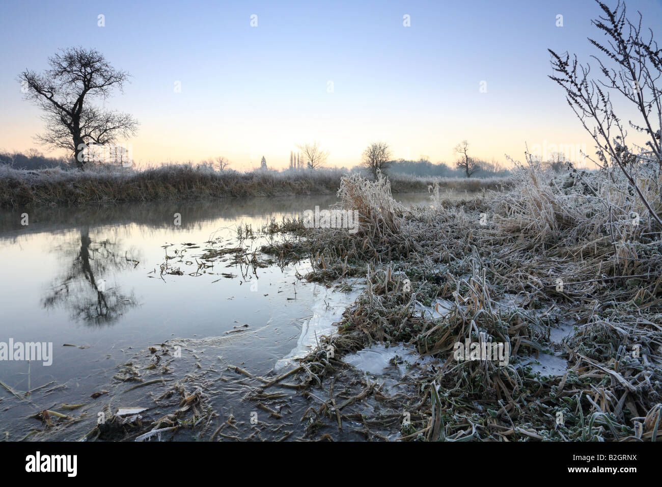 Frostiger Morgen auf dem Fluss Cam in Grantchester Stockfoto