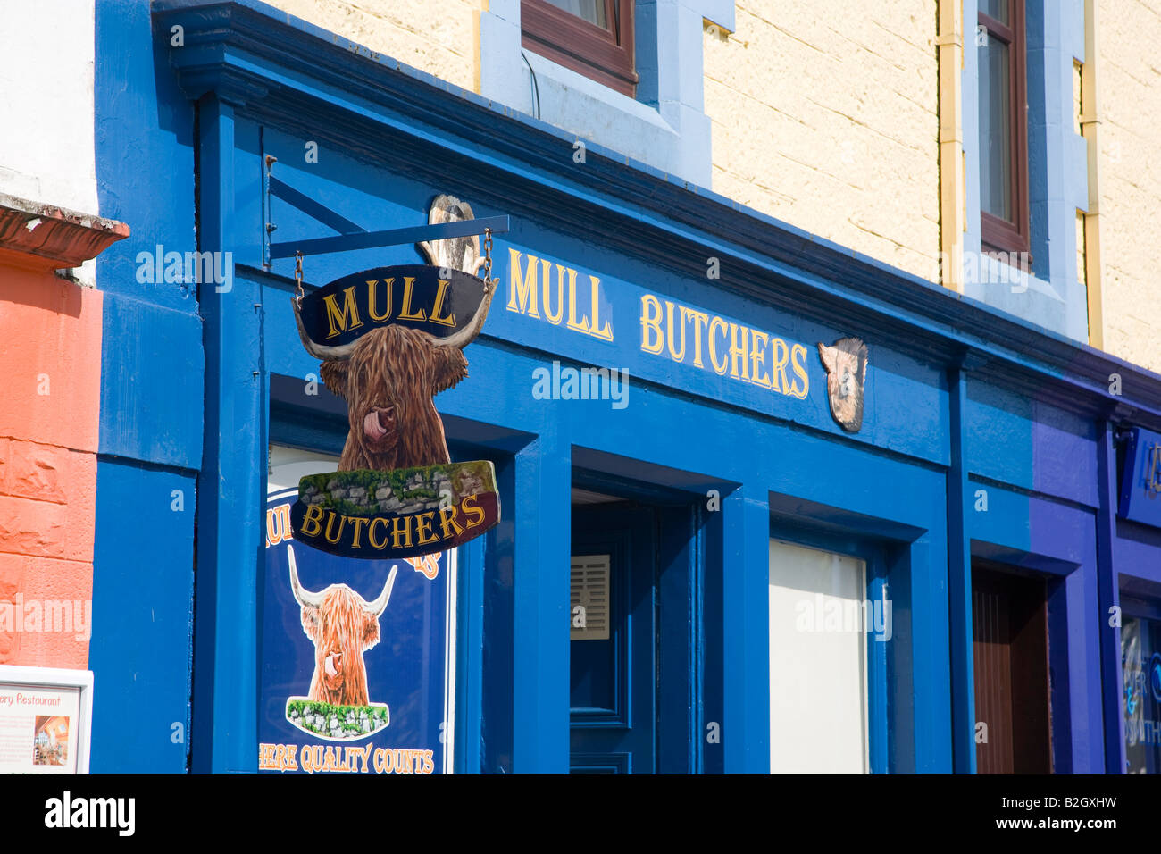 Melden Sie über s Metzgerei Tobermory Mull Schottland Stockfoto