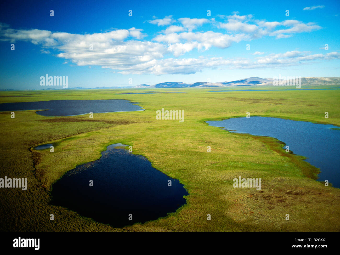 Tiefflug Luftaufnahme des sibirischen arktischen Tundra & Seen zwischen Provideniya & Egvekinot, ehemalige Sowjetunion Stockfoto