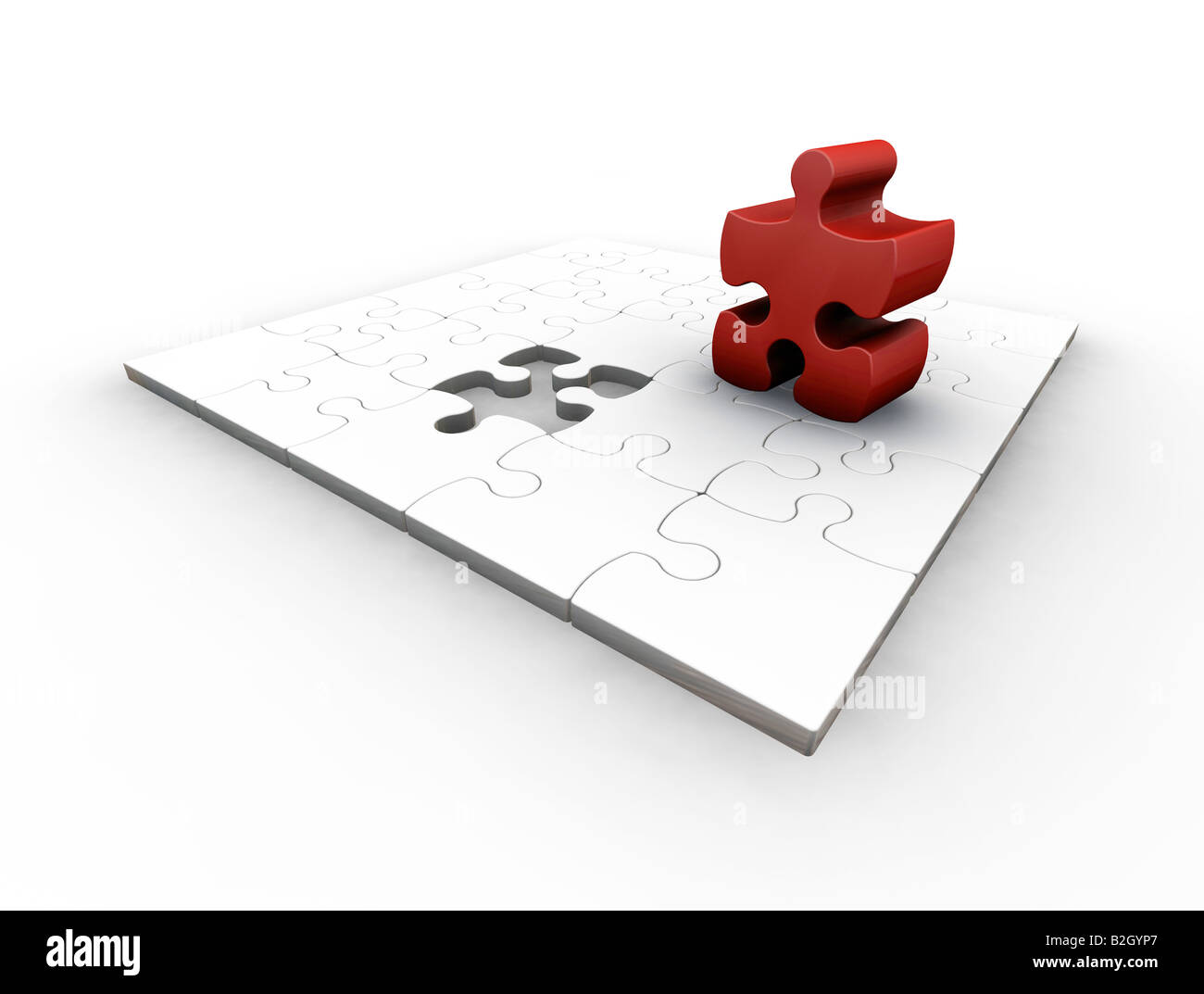 3D Rendern eines Puzzles mit einem roten Stück Stockfoto