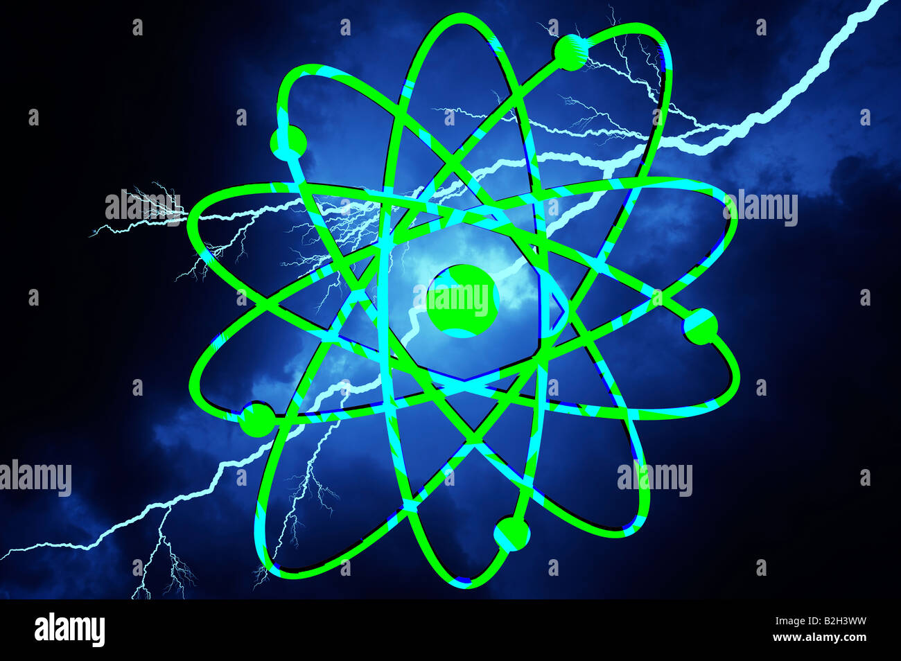 abstrakte Sicht auf die wissenschaftliche atomaren Symbol und Gewitter Stockfoto