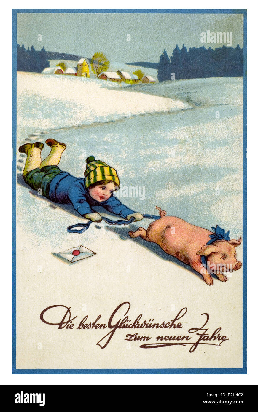 Postkarte Motiv junge mit Glück Schwein Grüße 19. Jahrhundert in Deutschland Stockfoto