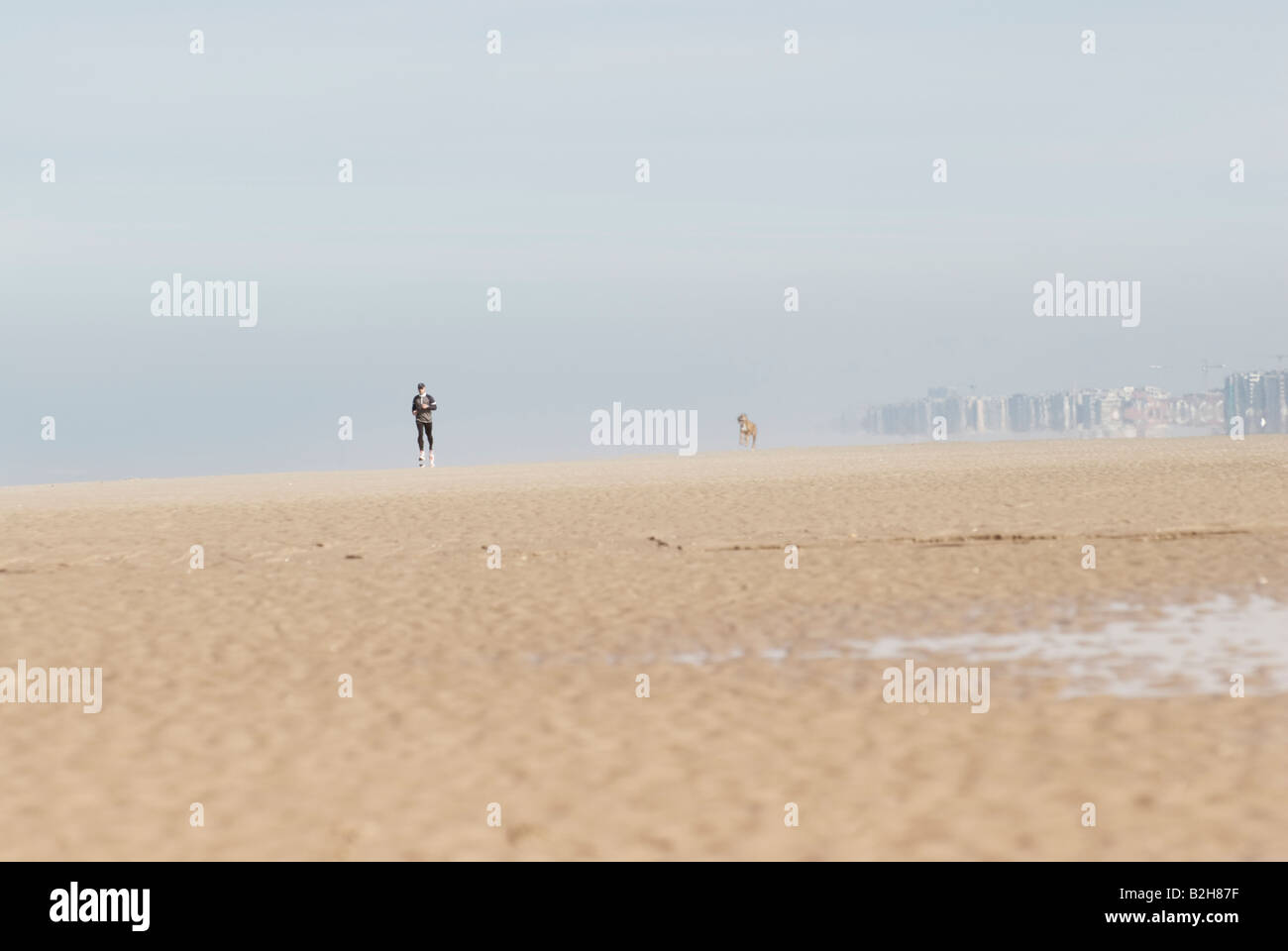 Ein Mann in einen Trainingsanzug joggt entlang der Strand von De Panne, Belgien. Stockfoto