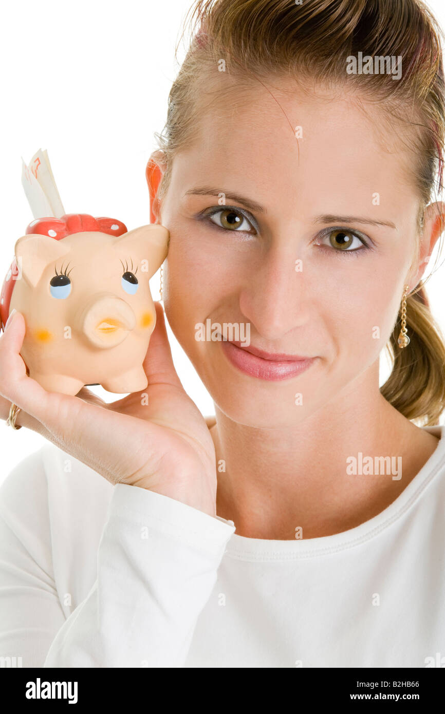 Sparschwein Piggy Bank sparen, sparen junge attraktive schöne Frau economiaing Stockfoto