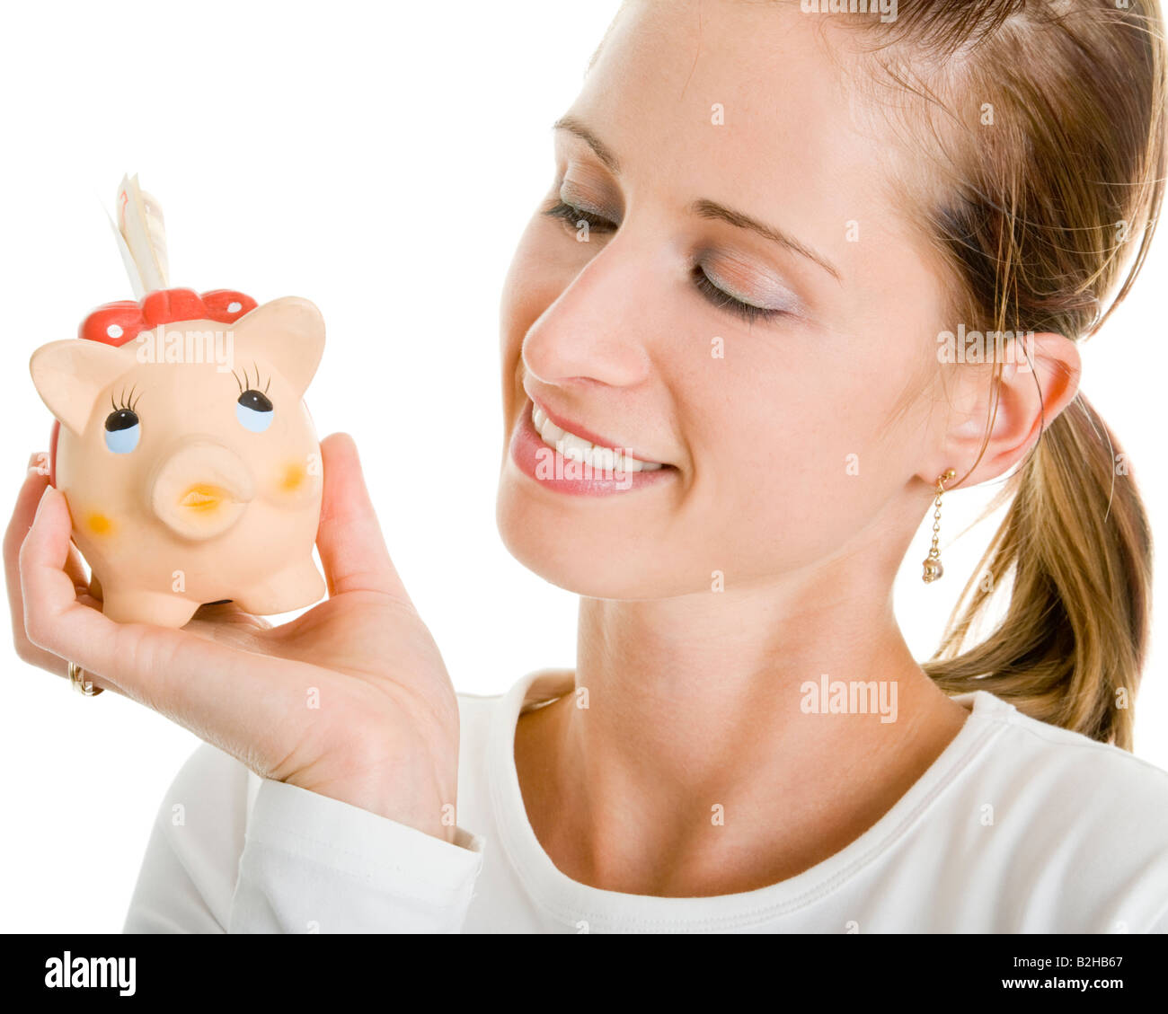 Sparschwein Piggy Bank sparen, sparen junge attraktive schöne Frau economiaing Stockfoto