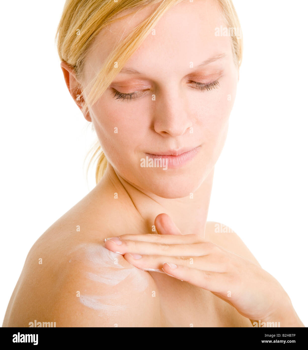 setzen Sie auf einige Lotion Pflege Kosmetik Schönheit Hautpflege Wellness Körper Hautpflegelotion Stockfoto