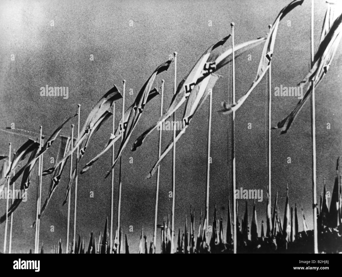 Nationalsozialismus/Nationalsozialismus, Nürnberger Kundgebungen, "Rallye Großdeutschland", 5.9.1938 - 12.9.1938, Flaggen der Hitlerjugend in Zeppelinfeld, Stockfoto