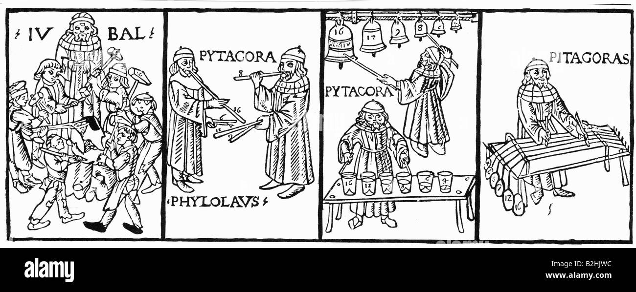 Pythagoras von Samos, ca. 580/572 - 500/490 v. Chr., griechische Mathematikerin und Philosoph, systematische Untersuchung der Musik von Pythagoras, Holzschnittserien, 16. Jahrhundert, Stockfoto