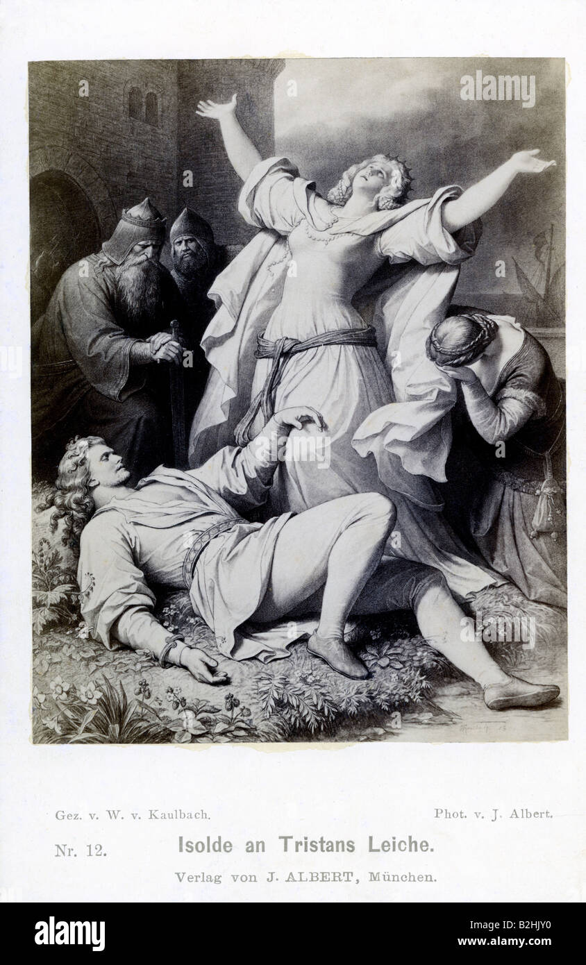 Wagner, Richard, deutscher Komponist, 22.5.1813 - 13.2.1883, Oper: "Tristan und Isault", Isault bei Tristans Todeskörper, Kabinettskarte von Josef Albert, Ende des 19. Jahrhunderts, Stockfoto