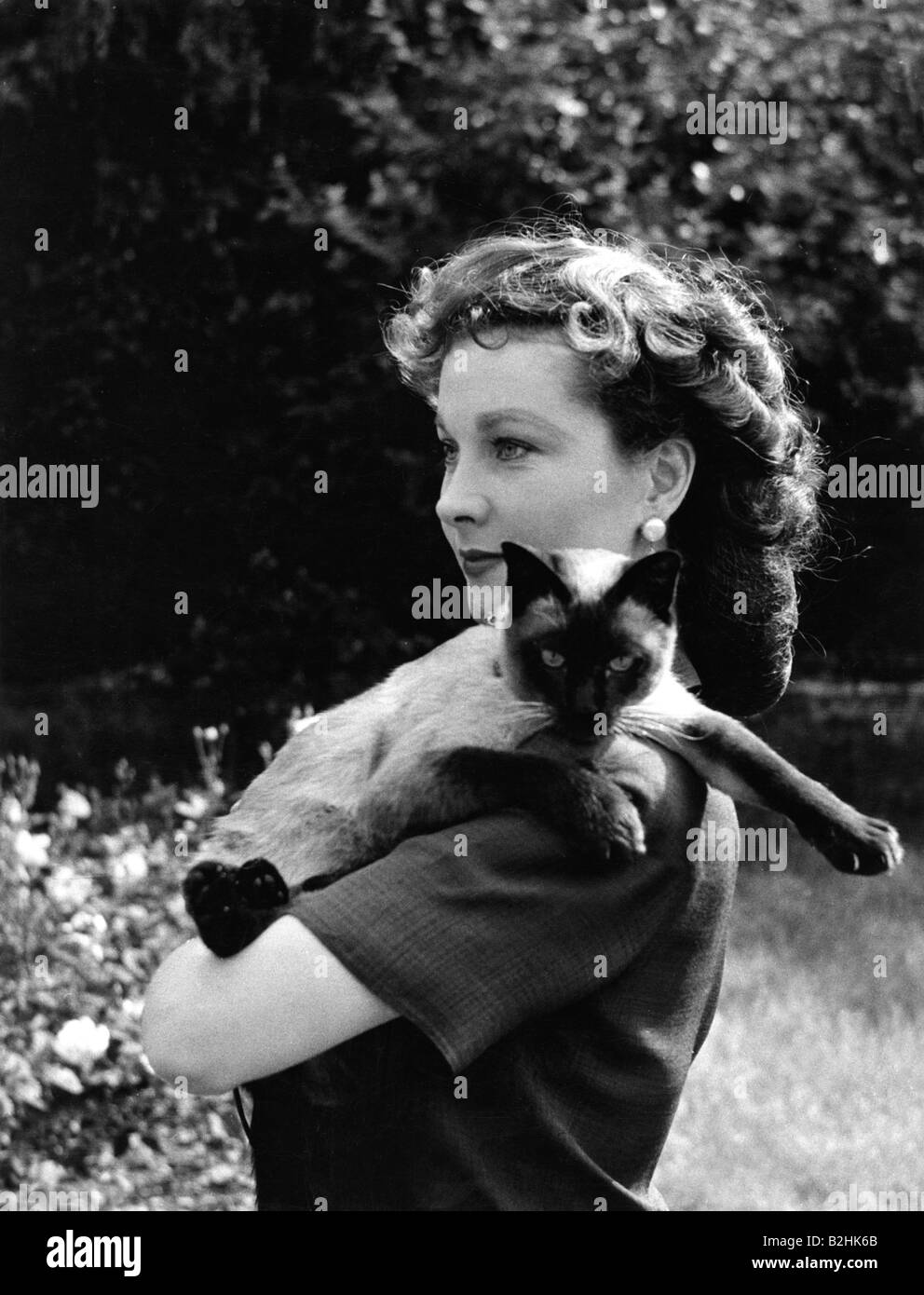 Leigh, Vivien, 5.11.1913 - 7.7.1967, britische Schauspielerin, halbe Länge mit Katze, vierziger Jahre, Stockfoto