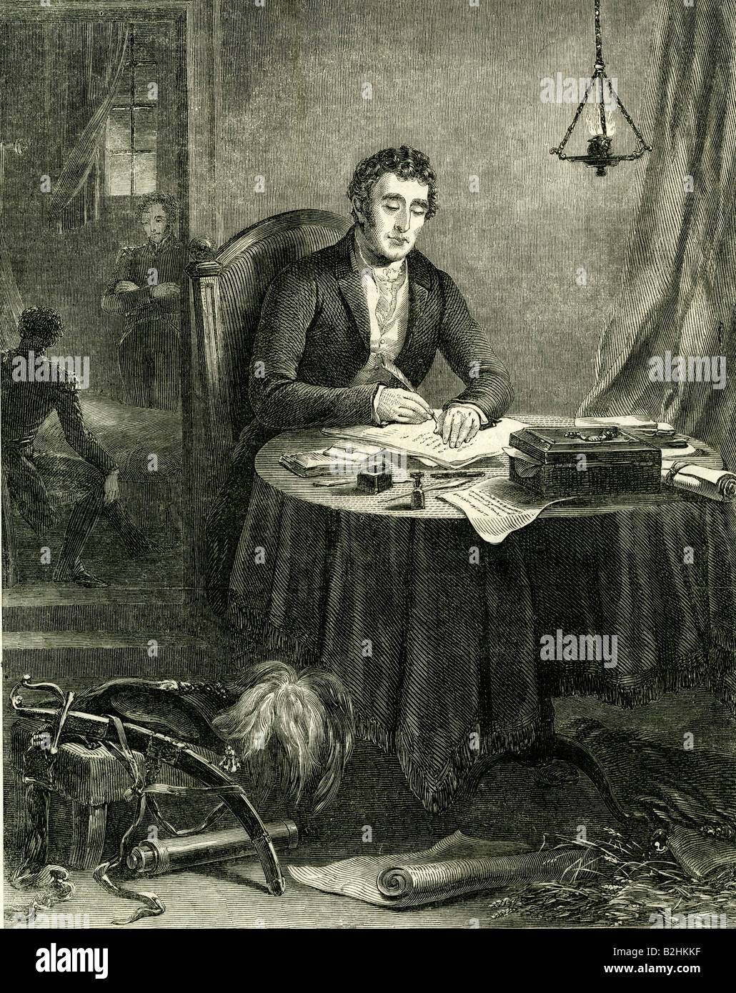 Wellington, Arthur Wellesley, 1st Duke of Wellington, 1.5.609 - 14.9.1852, britischer Politiker, halbe Länge, nach Waterloo-Schlacht, Holzgravur nach Malerei durch Gräfin von Westmoreland, London Illustrated News 1815, Stockfoto