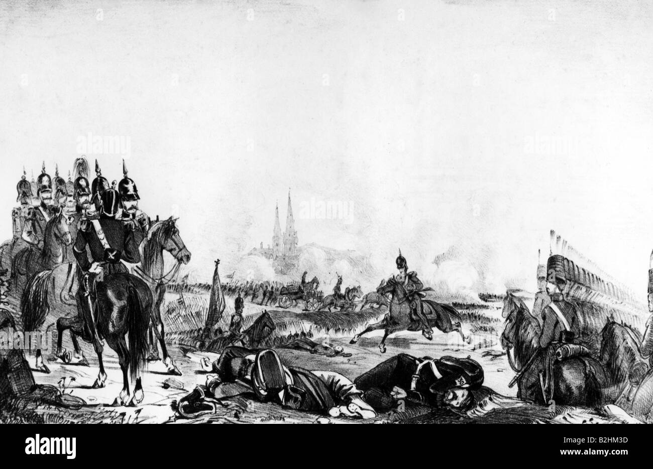 Ereignisse, Revolution 1848 - 1849, Deutschland, Baden, Begegnung in Waghaeusel, 21.6.1849, preussische Kavallerie, Lithograph, Eduard Gustav May, Frankfurt am Main, 19. Jahrhundert, Revolution, Aufstand, Intervention, Preßburg, Militär, Soldaten, historisch, Waghausel, Waghäusel, Menschen, Stockfoto