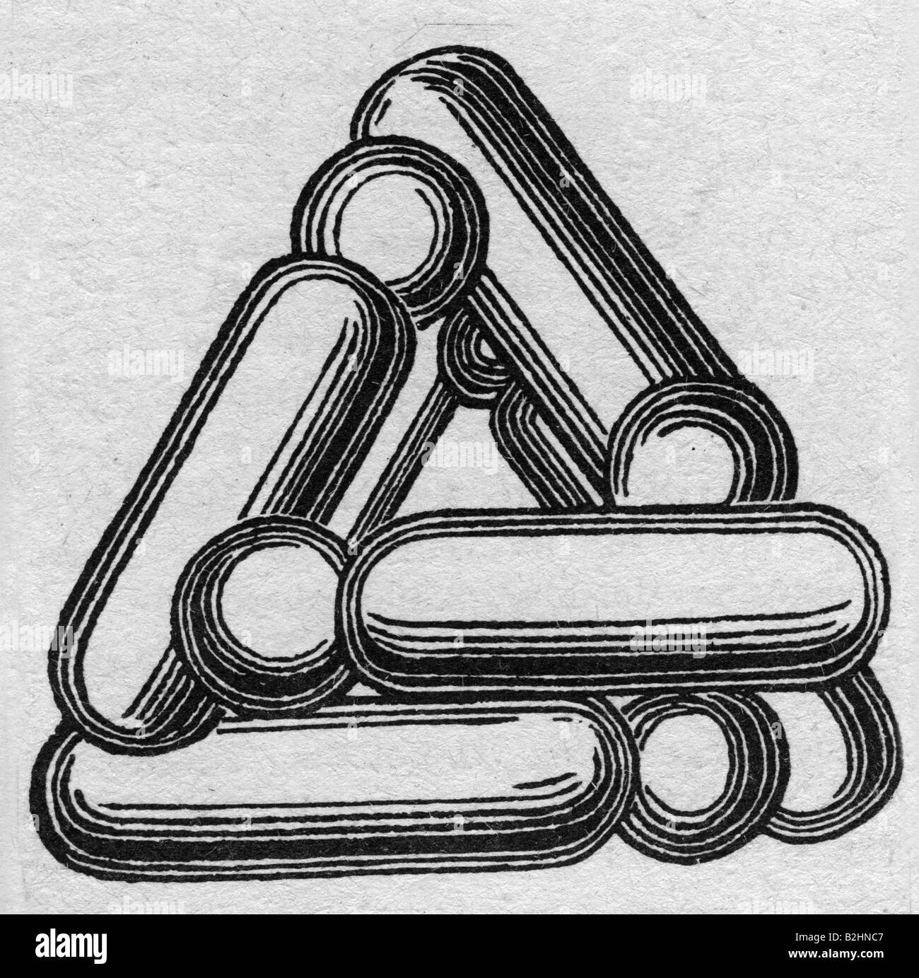 Kekule von Stradonitz, Friedrich August, 7.9.1826 - 13.7.1896, deutscher Chemiker, räumliches Strukturmodell von Benzol, Holzgravur, "Lehrbuch der organischen Chemie", 2. Band, 1866, Stockfoto