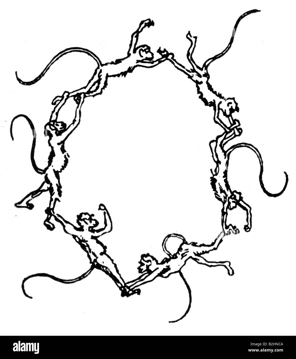 Kekule von Stradonitz, Friedrich August, 7.9.1826 - 13.7.1896, deutscher Chemiker, Strukturformel von Benzol, "Rundtanz der Affen", lustige Zeichnung von sich selbst, 19. Jahrhundert, Stockfoto
