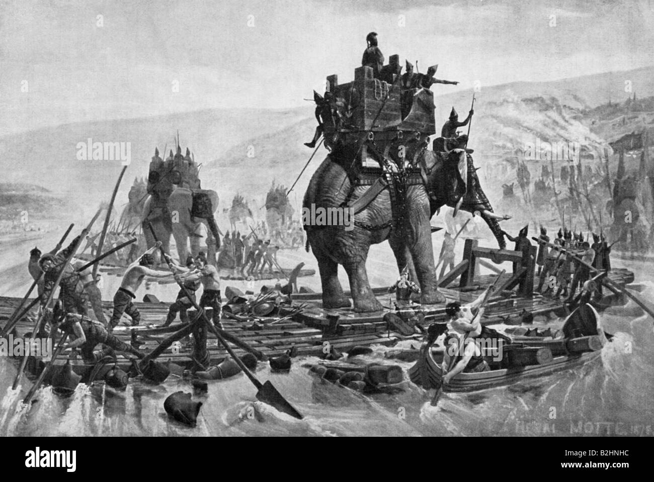 Ereignisse, Zweiter Punischer Krieg 219 - 201 v. Chr., Hannibal und seine Armee, die die Rhone überquerten, 218 v. Chr., nachdem sie von Henri Motte, 1875 gemalt hatten, Stockfoto
