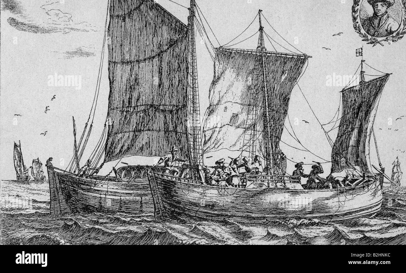 Navigation, Piraten, Raiding a Dutch Fishing Boat, Gravur von Dancker Dankcerts (1634 - 1666), Boarding, 17. Jahrhundert, historisch, historisch, Pirat, Menschen, Stockfoto