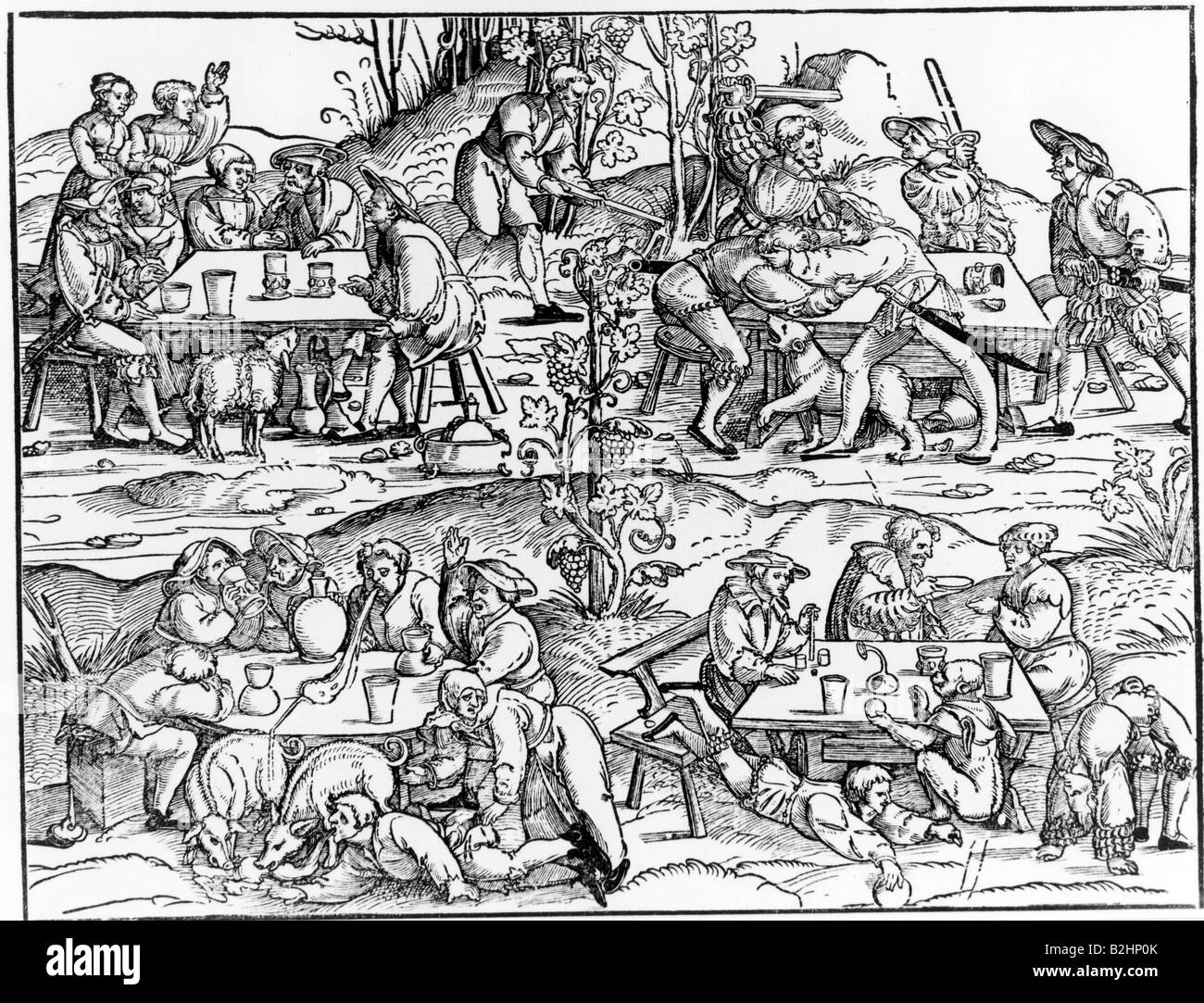 Alkohol, Wein, Weinattribute, Holzschnitt von Hans schön zu einem Gedicht von Hans Sachs, 1528, Stockfoto