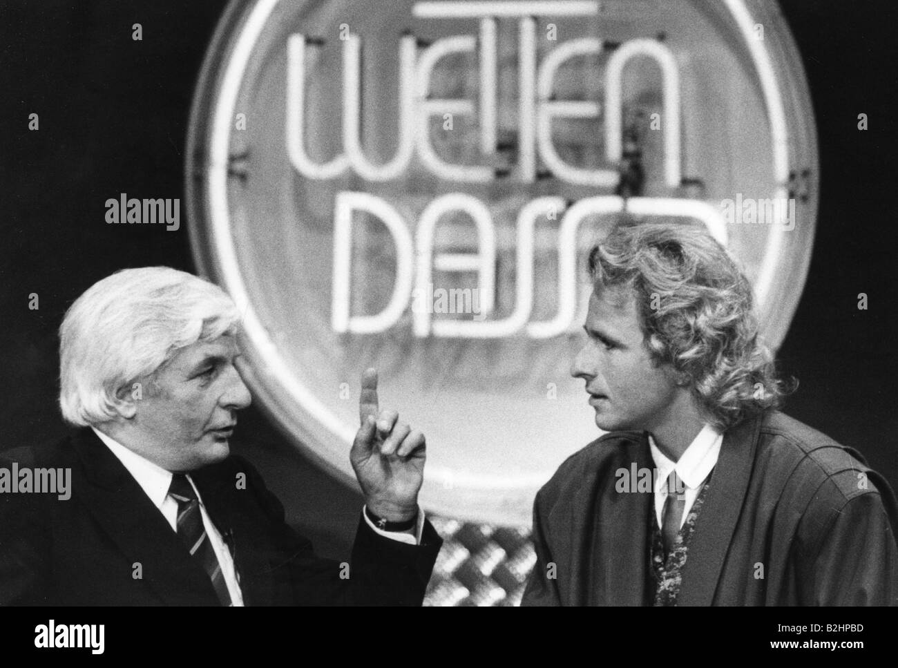 Gottschalk, Thomas, * 18.5.1950, deutscher Moderator und Schauspieler, mit Gunter Sachs, in der Show "Wetten, dass...?", 1990er Jahre, Stockfoto