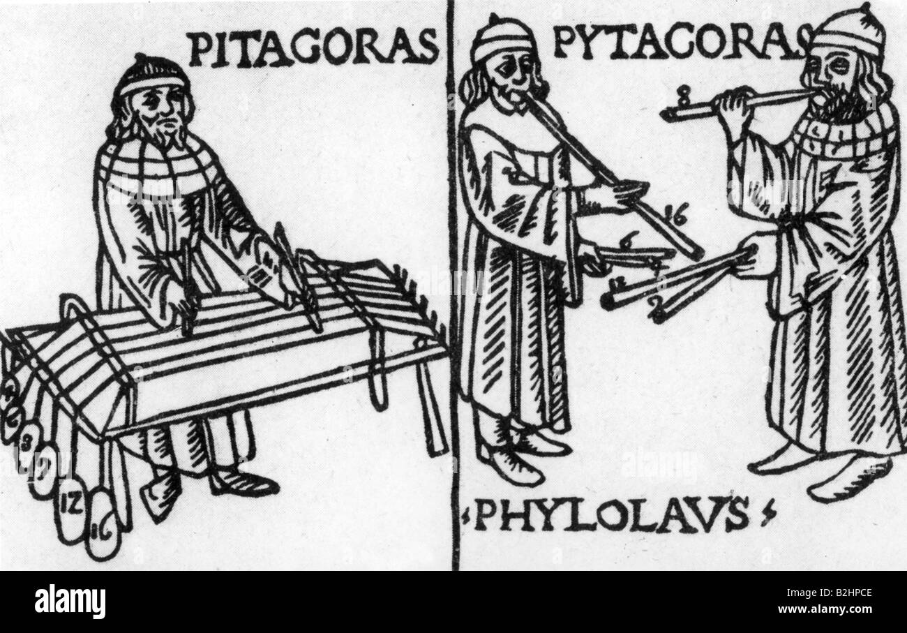 Pythagoras, ca. 580/572 - 500/572 v. Chr., griechische Mathematikerin und Philosoph, Untersuchung der Musik, 15. Jahrhundert, Stockfoto