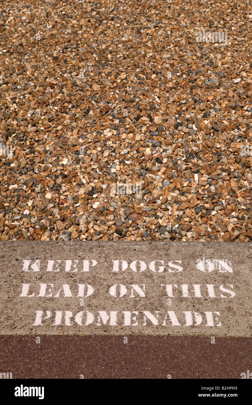 Halten Sie Hunde an Blei Zeichen Schablone auf einem Bürgersteig neben einem Strand Stockfoto