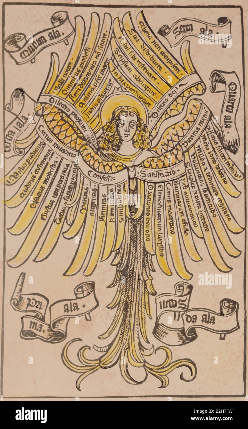 Religion, Kirchenlichkeit, Allegorien, Tugenden, Holzschnitt, Deutschland, 16. Jahrhundert, Privatsammlung, Engel, Tugend, Flügel, Allegorie, historisch, historisch, Menschen, Stockfoto