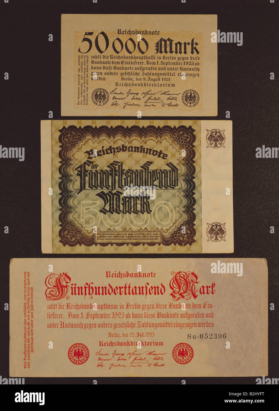 Geld / Finanzen, Inflationsgeld, Deutschland, 50000 Mark, 5000 Mark, 500000 Mark Banknoten, Reichbank, 1922 / 1923, Stockfoto