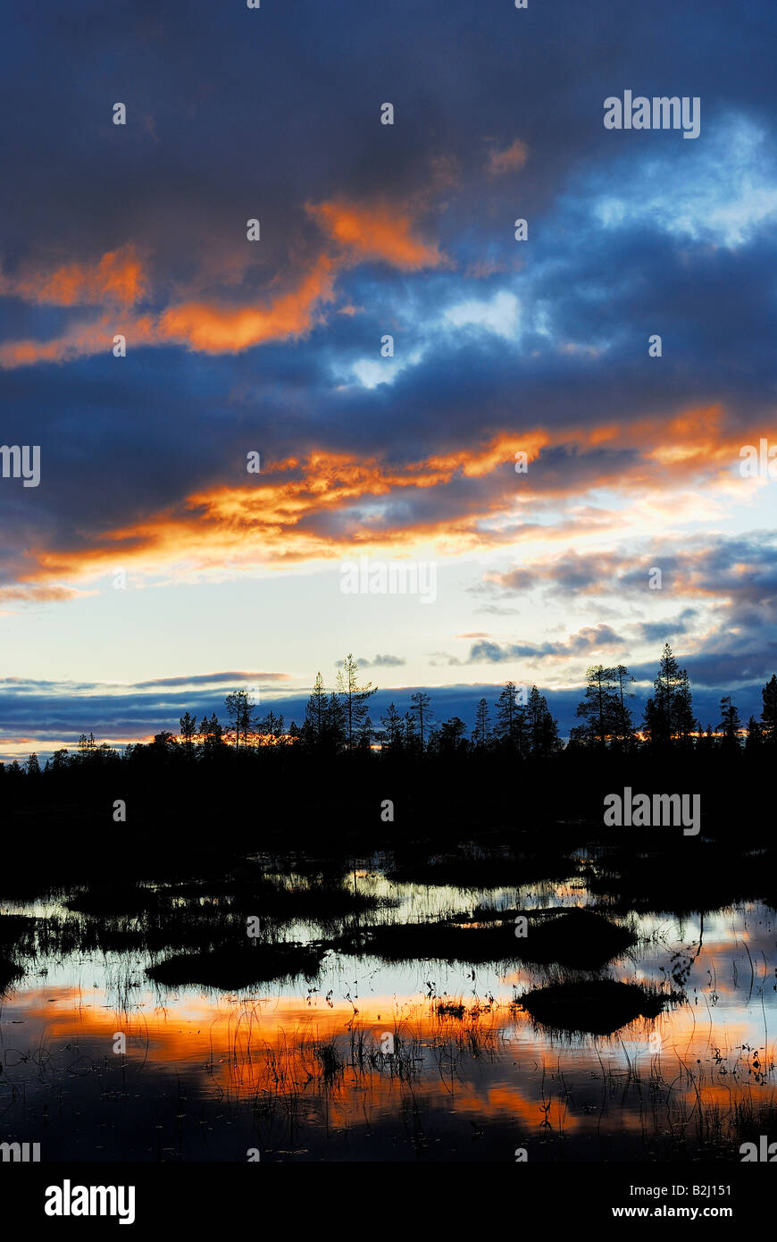 Sonnenuntergang Marschland bog Gaellivare Norrbotten Lappland Schweden Stockfoto