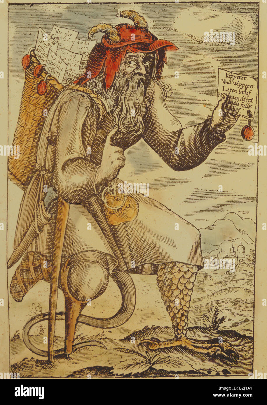 Geld/Finanzen, Fälschung, "Kipperer und Wipperer" (Kipper und see-saw Zeit), Kupferstich, farbig, Deutschland, ca. 1620, Artist's Urheberrecht nicht gelöscht werden Stockfoto