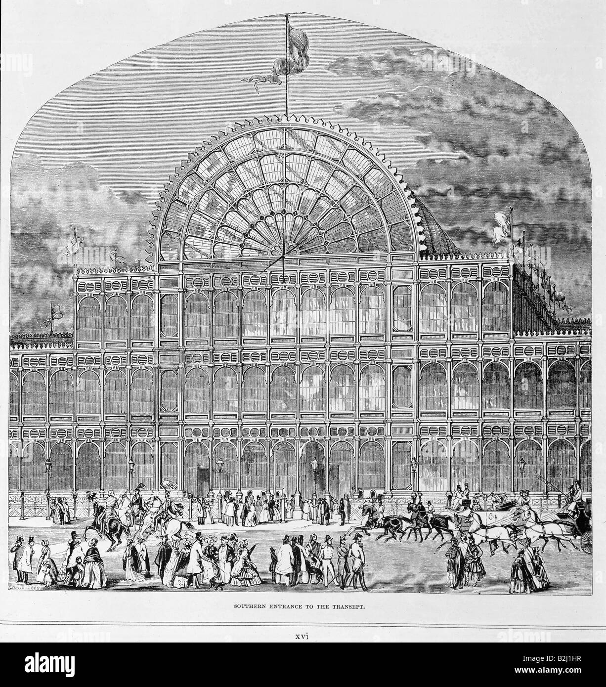 Ausstellung, Weltausstellung London 1.5. - 18.10.1851, erste Weltausstellung, Kristallpalast, erbaut 1850/1851 nach Plan von Joseph Paxton im Hyde Park, Außenansicht, Gravur aus "The Art-Journal, Illustrated Catalogue of the Industries of All Nations", 1851, Stockfoto