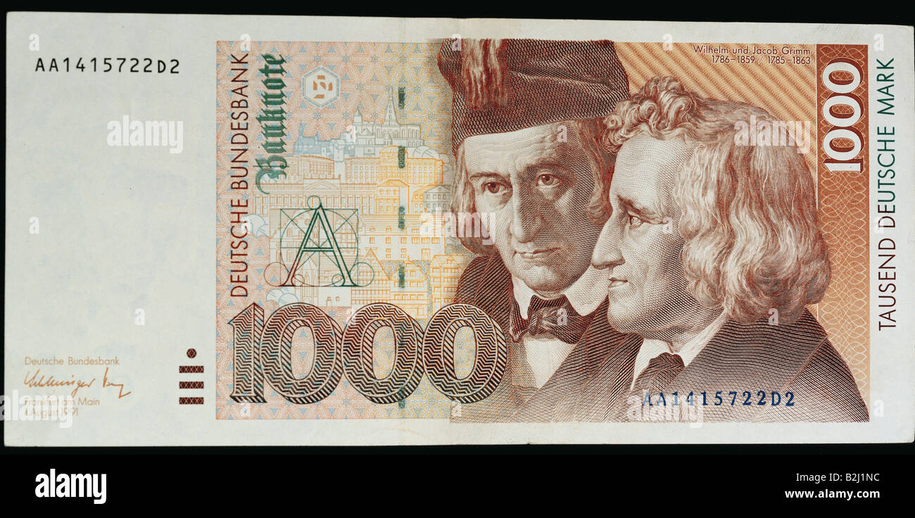 Geld, Bankscheine, Deutschland, 1000 Deutsche Mark, 4. Reihe, 1.8.1991, Stockfoto