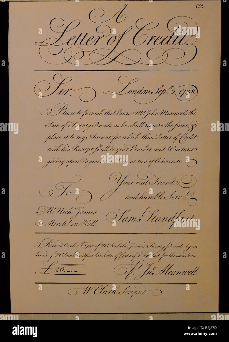 Geld/Finanzen, Bank/Kreditvergabe, "A Letter of Credit" (Entwurf), von "The Universal Penman", von George Bickham, London, Großbritannien, 1743, Stockfoto