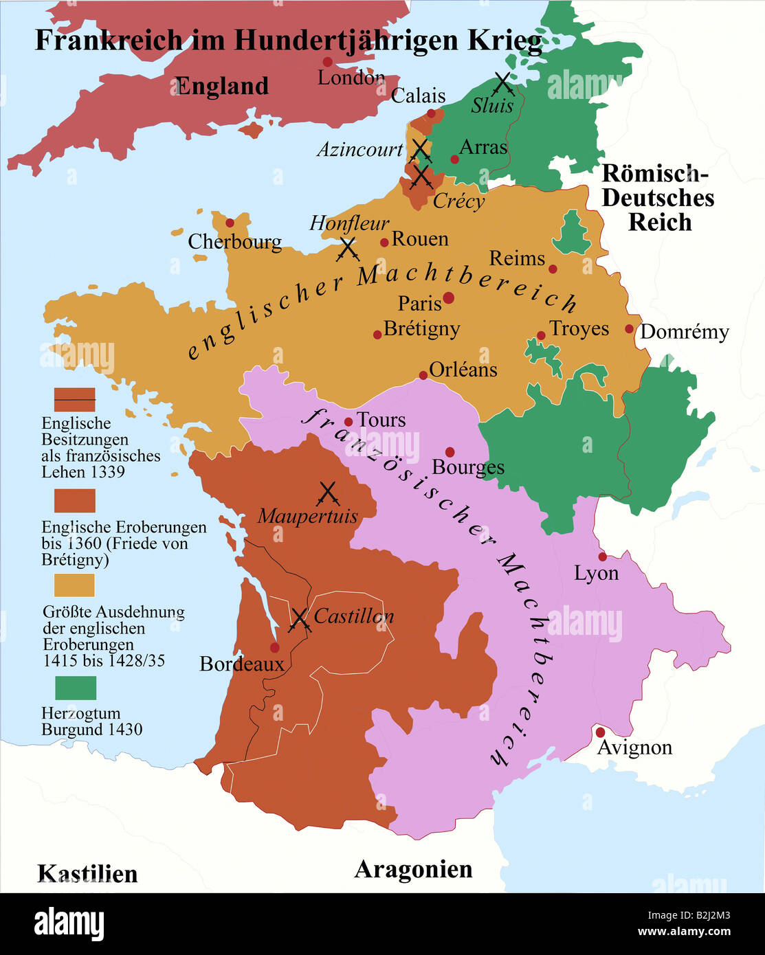 Kartographie, historische Karten, Mittelalter, Frankreich, Hundertjährige Kriege 1337 - 1453, Stockfoto