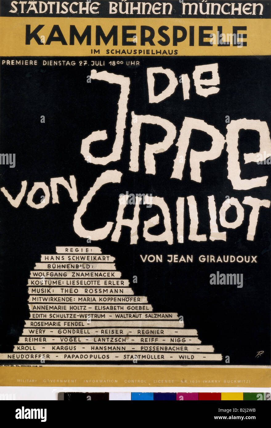 Werbung, Theater/Theater, staedtische Bücher Muenchen, Kammerspiele im Schauspielhaus, 'Die Irre von Chaillot' (Die Wahnsinnige von Chaillot), Jean Giraudoux, München, 27.7.1946, Plakat, Stockfoto