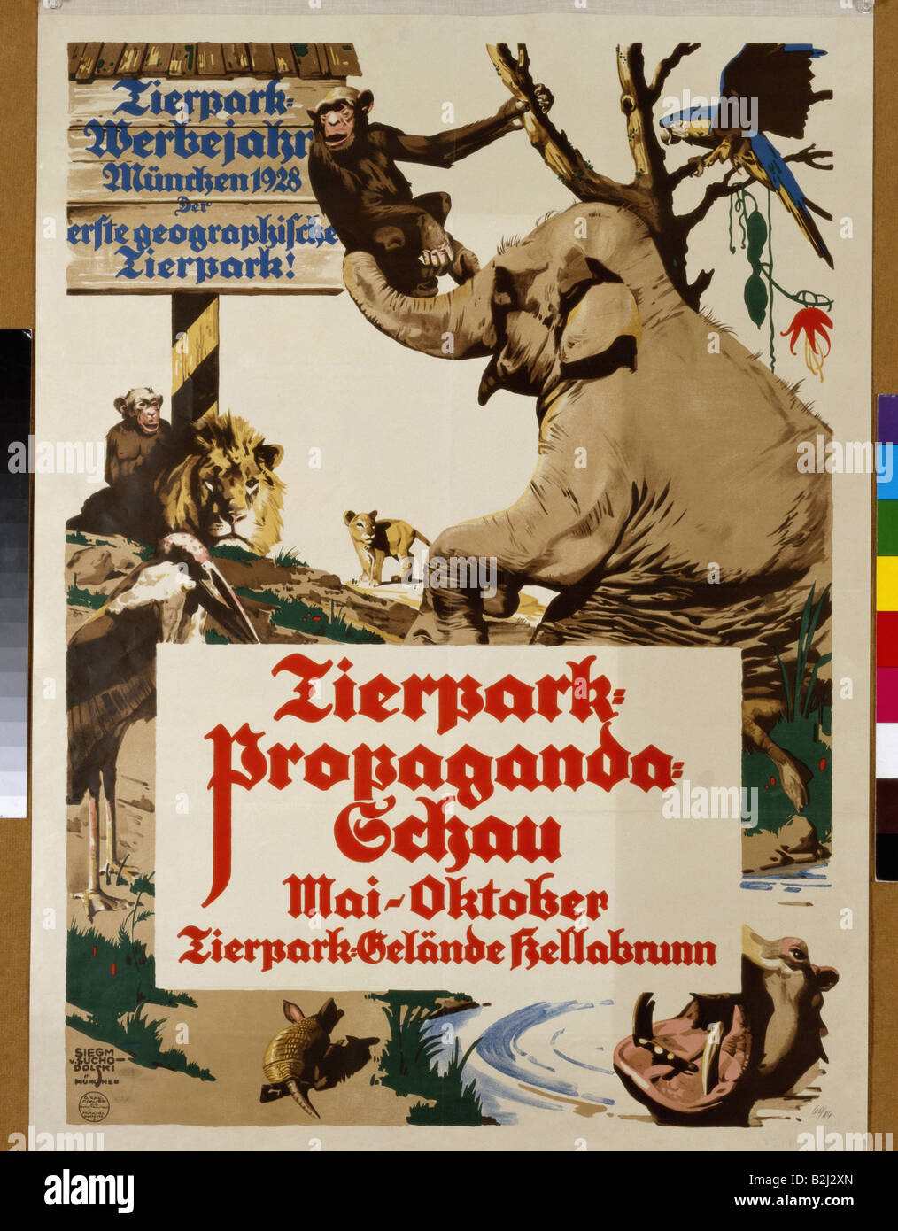 Werbung, Veranstaltungen, "Tierpark - Propaganda - Schau", (Zoo - Propaganda - Show), Tierpark Hellabrunn, München, Mai - Oktober 1928, Plakat, Design von Sigmund von Suchodolski (1875 - 1935), Stockfoto