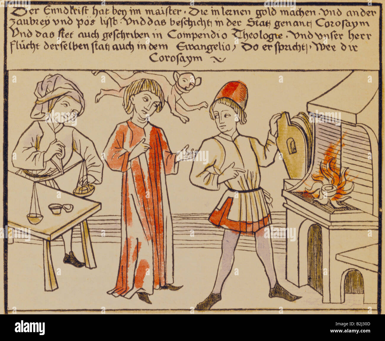 Alchemie, Allegorie, Antichrist und Alchemist, die Gold, farbigen Holzschnitt, ca. 1470, Stockfoto