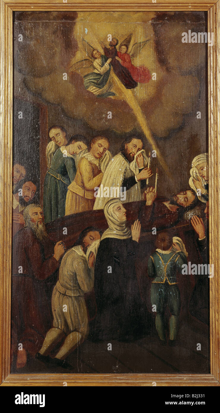 Nikolaus von Flue, 1417 - 21.3.1487, Schweizer Einsiedler, asketisch, mystisch, Heiliger, auf dem von der Familie umgebenen Sterbebett, 1487, Gemälde von Balz Heymann, 182, obere Ranft-Kapelle, Flüelis, Stockfoto