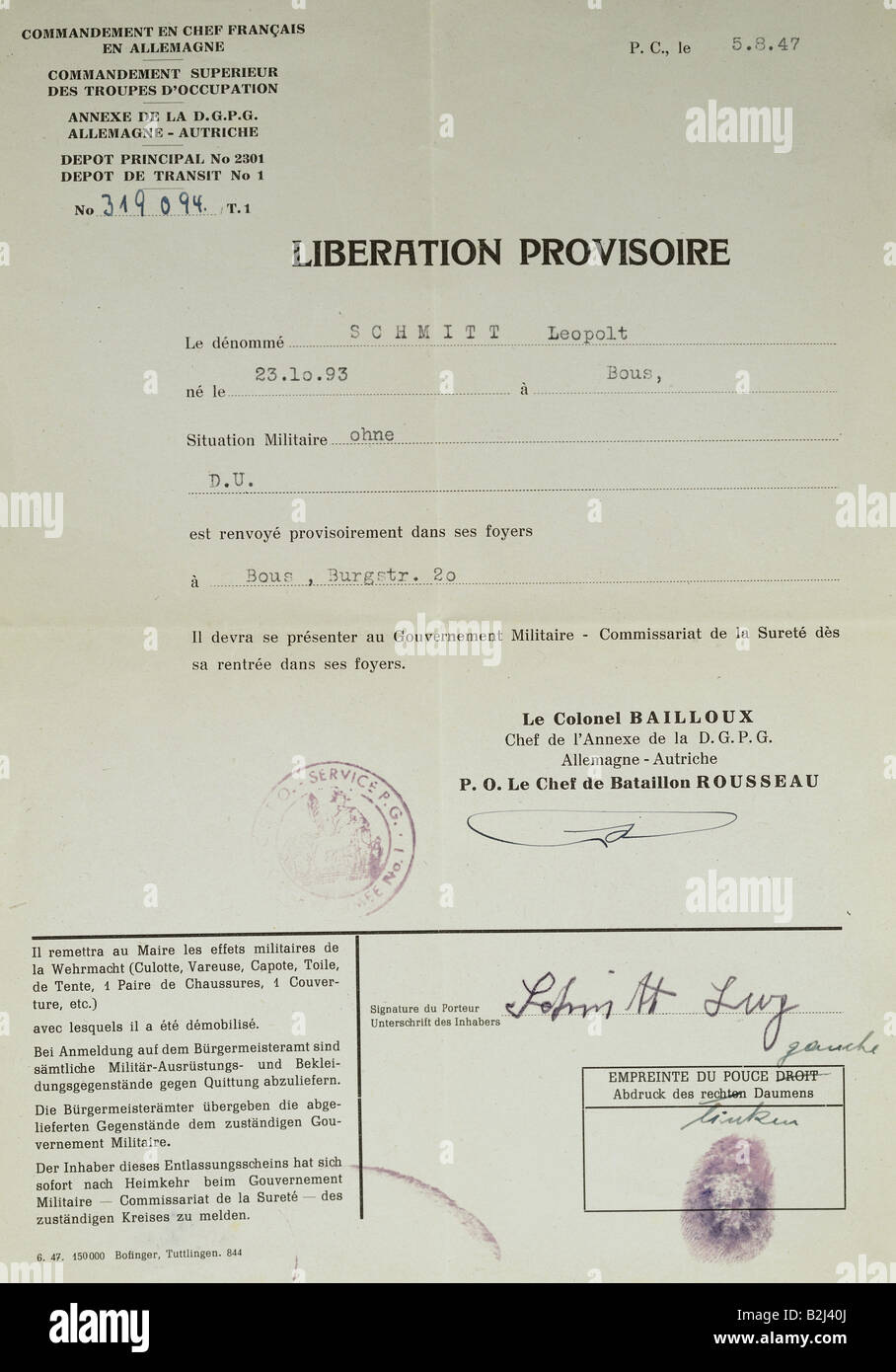 Dokumente, Freigabebescheinigung für deutsche Kriegsgefangene, Frankreich, 1947, Stockfoto