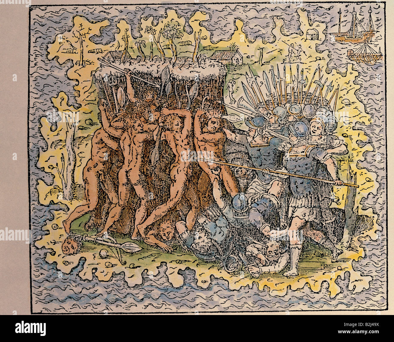 Magalhaes (Magellan) Fernando de, circa 1480 - 27.4.1521, portugiesisch Explorer, Tod auf der Insel Mactan (Philippinen), Kupferstich, koloriert, 1575, Privatsammlung, Fernando, Mariner, Sab Meere, Pazifik, Entdecker,, Artist's Urheberrecht nicht gelöscht werden Stockfoto