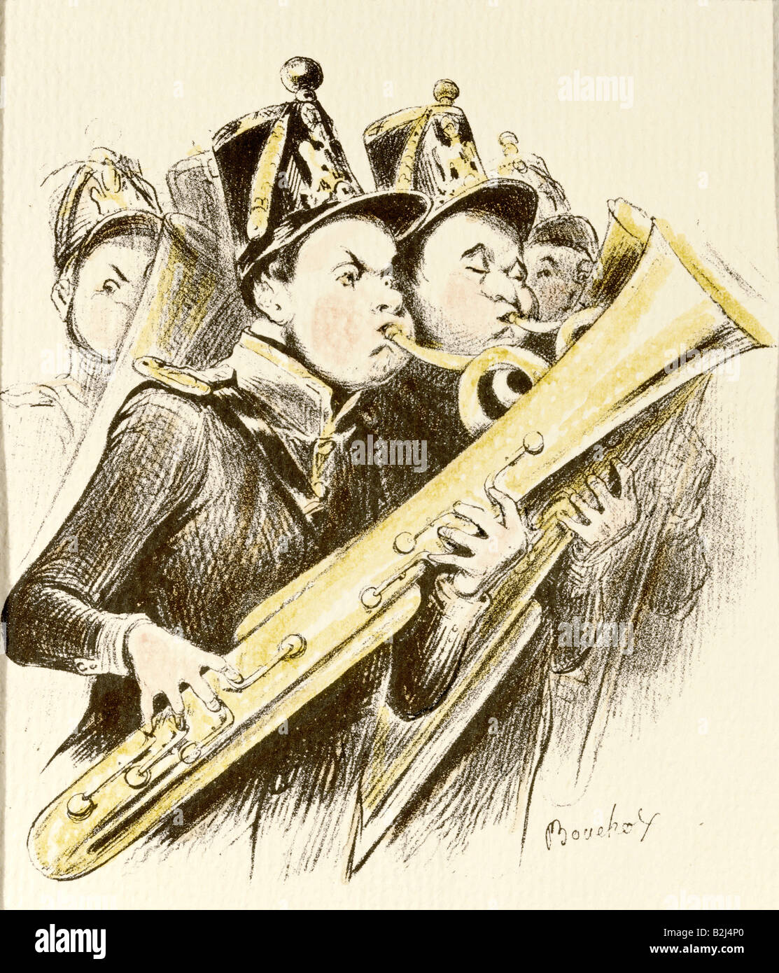 Militär, Militärmusik, Blasinstrumente, Saxofon (frühe Version), entwickelt von Adolphe Sax (18-1894), Illustration, Coloured, von Frederic Bouchot, aus "Le Charivari", Paris, Frankreich, im Jahre 1848, Privatsammlung, Stockfoto