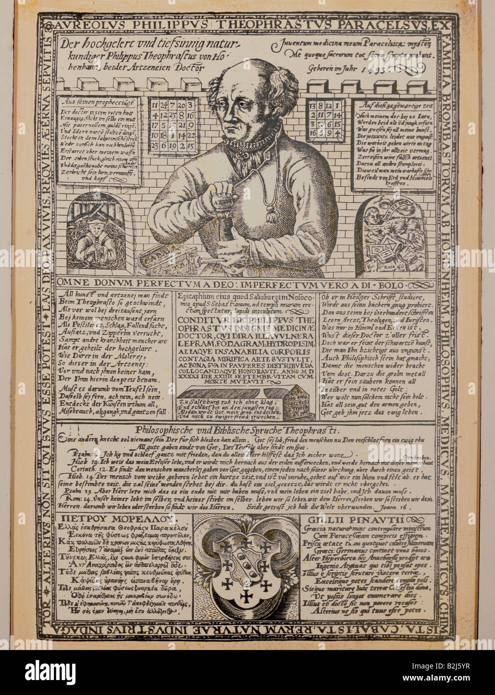 Paracelsus 1493, 24.9.1541, Schweizer Arzt und Alchemist, Porträt, Merkblatt, Kupferstich, um 1580, Privatsammlung, Artist's Urheberrecht nicht gelöscht werden Stockfoto