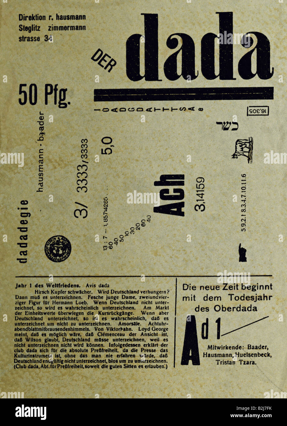 Huelsenbeck, Richard, 23.4.1892 - 20.4.1974, deutscher Autor/Schriftsteller, Mitbegründer des Dadaismus, Werke, Grafik, Cover, Zeitschrift 'Der Dada', Nr. 1, Berlin, Deutschland, 1918, Stockfoto